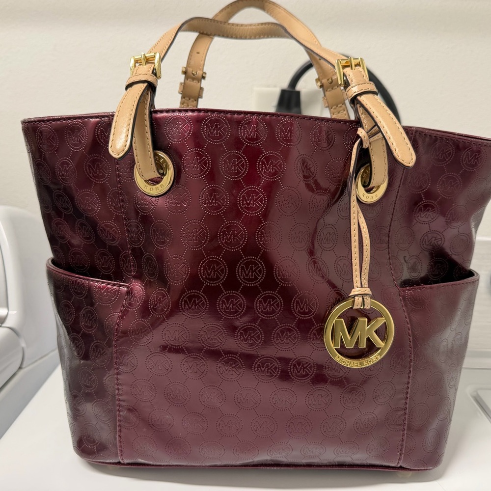 Michael Kors Patent Leather Wine Tote with Gold Accents